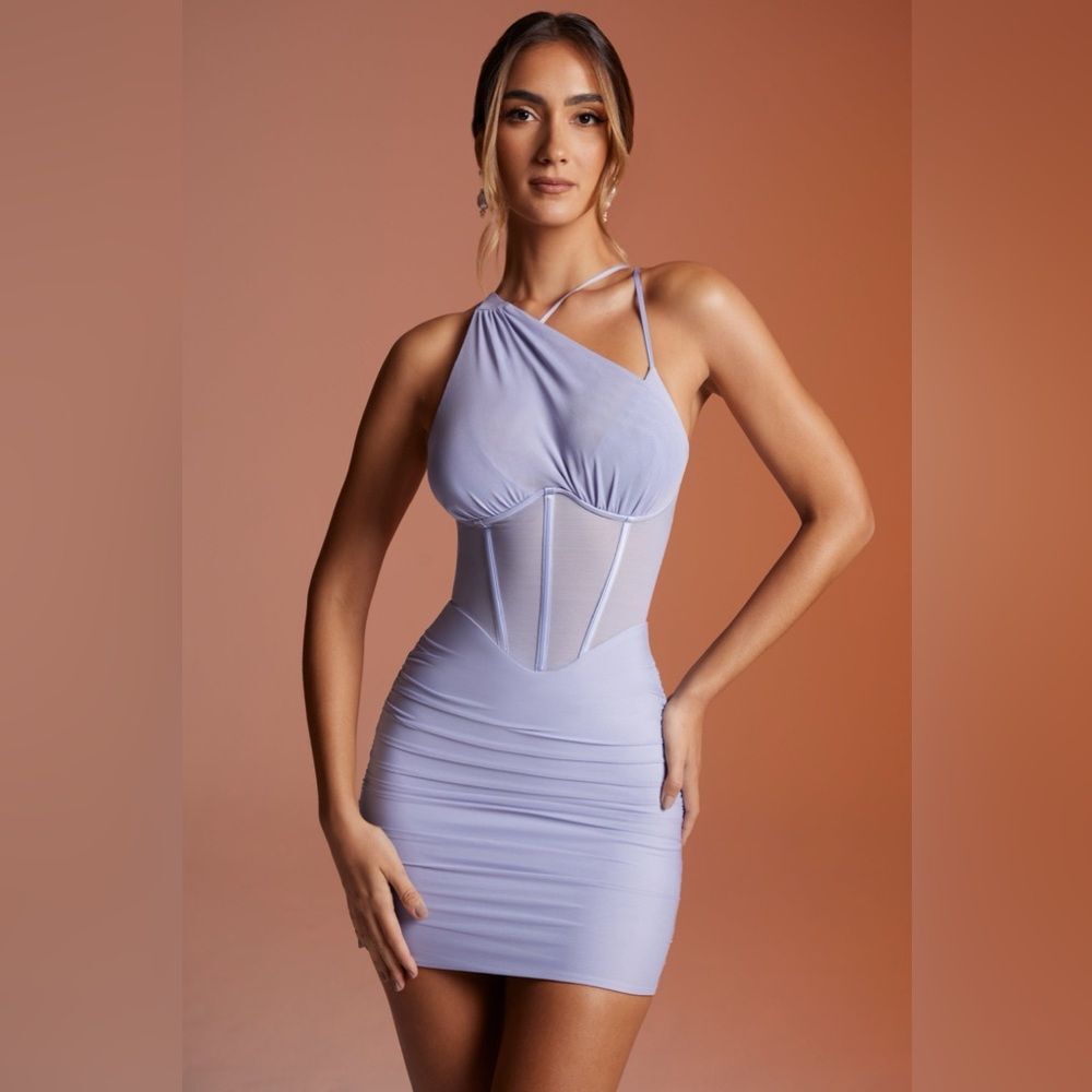 OH POLLY Asymmetric Neckline Corset Mini Dress in Lilac size 10